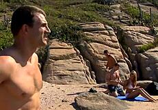 Very Beautiful Blonde Milf Fucking With Three Males On The Beach