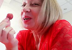 Sexy strawberry eating fetish with close-up licking and mommy pov.