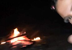 She gives a blowjob in the woods and swallows it all deliciously