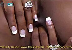 ebony slut wanks with huge vibrator on sofa 😈