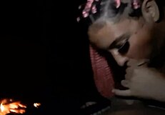 She gives a blowjob in the woods and swallows it all deliciously