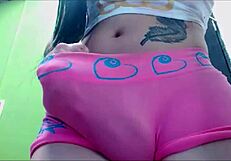 Transsexual Babe in Pink Undies Masturbates Close-Up on Cam