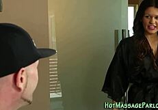 seductive masseuse swallows thick cumload after intense massage