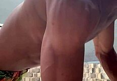 Morning workout with teen brunette in barefoot close up