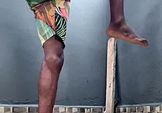 Morning workout with teen brunette in barefoot close up