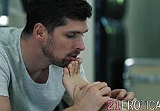 Blonde couple enjoys sensual foot play and intimate moments