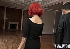 Watch a naked teenage girl with red hair being convinced by a fake real estate agent to have a three some and finish it off with a facial by two men