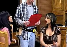 Hot brunettes give blowjobs in threesome