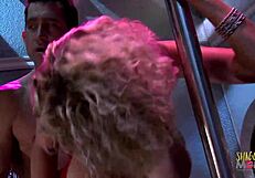 Two men and hot blonde women have sex at a strip joint