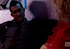 Two men and hot blonde women have sex at a strip joint