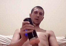 solo skinny guy using big cock toy for masturbation