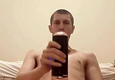 solo skinny guy using big cock toy for masturbation