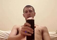 solo skinny guy using big cock toy for masturbation