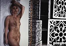 Wow, stunning blonde model Lindsay Marie strips out of black lingerie to show her body!