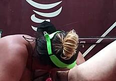 Transsexual in crossdressing plays with fat guy