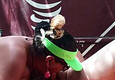 Transsexual in crossdressing plays with fat guy