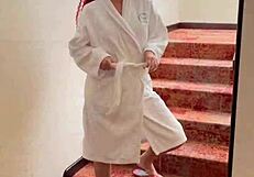 Redhead girl shaves her body in the shower after swimming in the pool