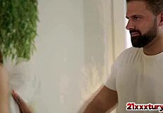 Horny masseur Lorenzo Viota deeply penetrates Candie Luciani's wet pussy with intense slams.