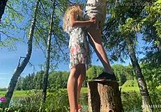 Intense doggystyle passion grips the amateur couple on holiday outdoors