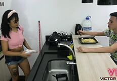 Young maid sucks big cock eagerly