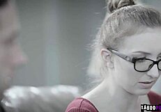 jake adams asks, 'can gracie may green handle my juicy cock on her knees?' as he feeds it to her.