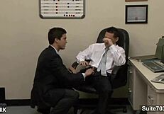 Tattooed gay workers fuck and suck big cocks in office hardcore scene.