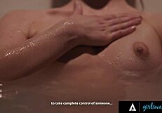 Girlsway girl masturbates in bathtub fantasizing dominating Leana Lovings