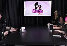 in this casual swing scene, gabe and tifany rocha in sheer red lingerie get sexy with the group