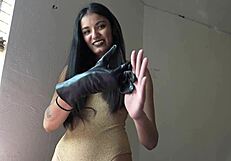 Gold leotard worn by older woman with toys