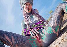 Tattooed girl with pierced pussy gets anal fucked outdoors in a rough session. Her skinny frame takes every thrust.