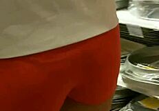 hot girl with nice ass in tight shorts arouses feelings in the market