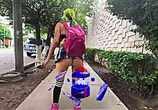 Latina Babe With Big Ass Learns To Skate While Bent Over In Miniskirt And Socks