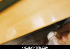 Risky Pussy Flash Under Table For Stepson