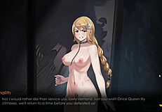 In the dungeon, the blonde sits on the lord's penis twice, and the lord's advances are refused