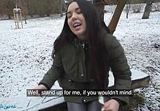 Public agent spanish brunette flashes big natural tits in the snow, then gets fucked outdoors with monster cock