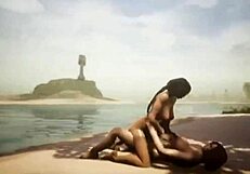 In Conan Exile, the lesbian action features intense kissing and pussy licking between hot babes