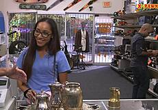 Amateur Brunette Babe Gets Nailed Hard At The Pawnshop By A Big Cock