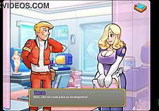 A big tits large cock blonde in Cartoon hospital fantasy with a space rescue theme