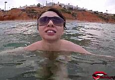 Big tits young girl gives handjob on public beach with miriam prado.