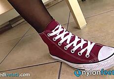 Teen Brunette Reveals Sexy Feet In Pantyhose