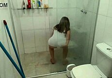 hot slut cleans while showing off her pussy and masturbating