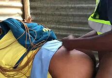 Night Guard Shields Student for Quick Doggystyle Cumshot in Public