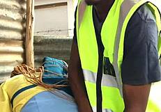 Night Guard Shields Student for Quick Doggystyle Cumshot in Public