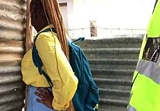 Night Guard Shields Student for Quick Doggystyle Cumshot in Public