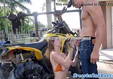 Sexual and classy babe in a bikini has sex outside