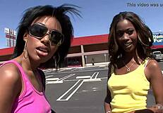 Three black hookers take a huge black dick in the mouth at the same time FFM threesome