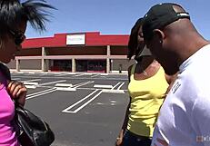 Three black hookers take a huge black dick in the mouth at the same time FFM threesome