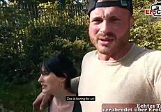 They watch a beautiful German teenage slim girl with natural big boobs meet a man on the street – and then have sex