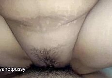 husband mounts wife from above and pounds her hairy pussy hard till orgasm