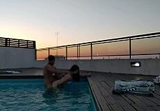 Severely hardcore penetrative sex in water in their backyard at sunset – Naughty first time for amateur thirty-something bookkeeper